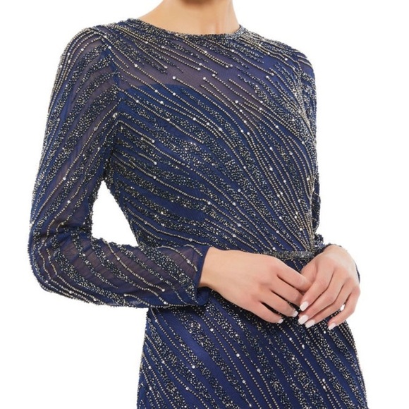 NWT Mac Duggal Midnight Long Sleeve Silver Beaded Column Gown, size 10 - Picture 2 of 10